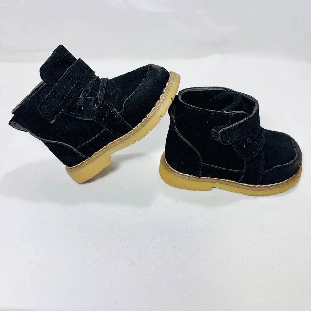 Toddler Boys Black Faux Suede Ankle Boots Gum Sole Size 3 Hook Loop Strap